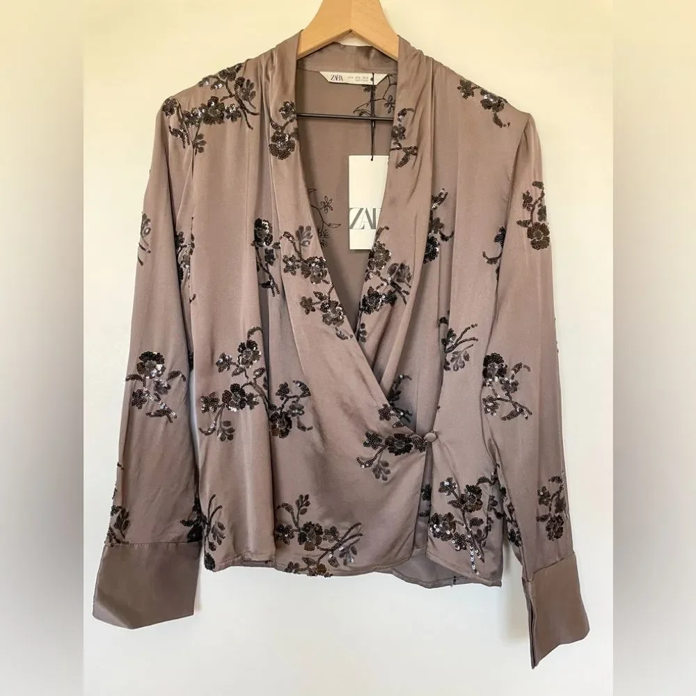 ⛔️ PENDING SALE⛔️ZARA SEQUIN EMBROIDERED WRAPBLOUSE MINK 2731/281/191/021 - Picture 2 of 12